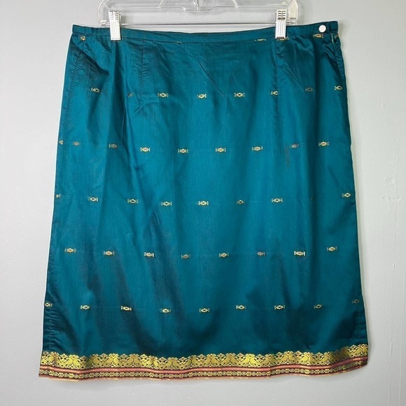 Amanda Smith Peacock Blue Gold Embroidered Trim Straight Lightweight Skirt Sz XL - Picture 10 of 16